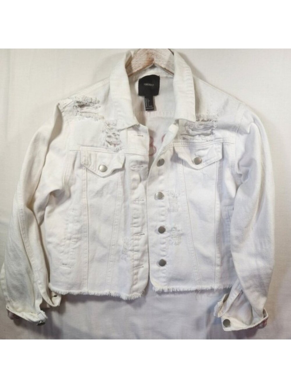 Forever 21 White Distressed Denim Jacket Heart Smiley Peace Embroidered Large